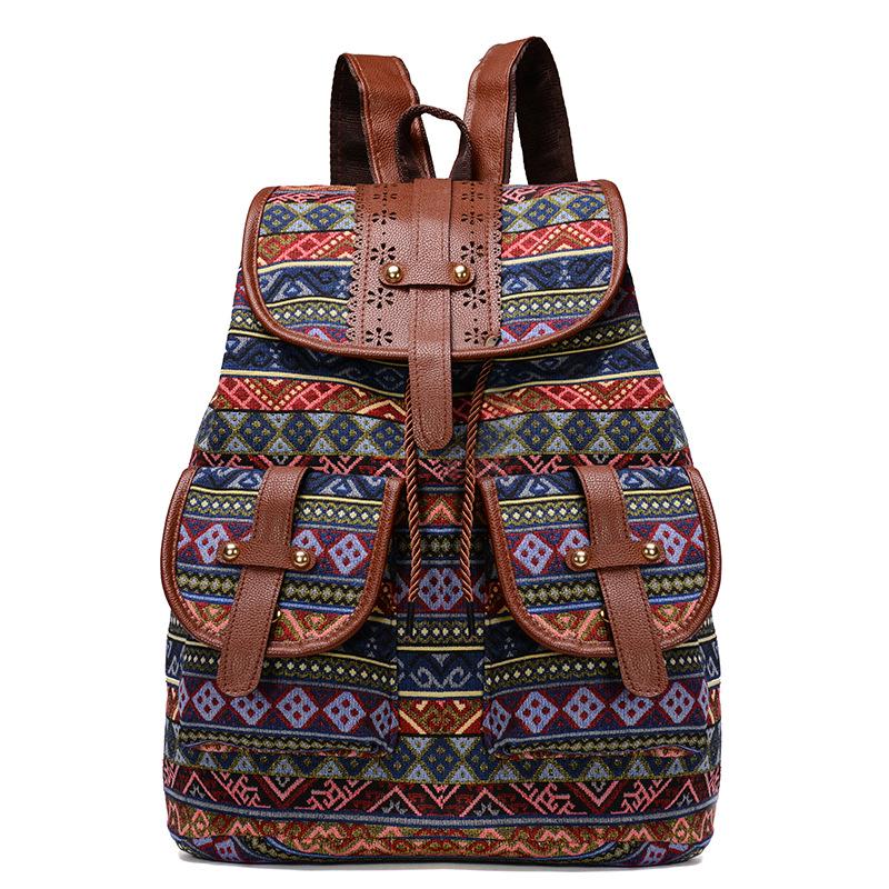 Ethnic Style Retro Women's Backpack Personalized Fashion Pattern Plaid Double Shoulder Bags Casual Large Capacity Drawstring Female Travel Rucksacks