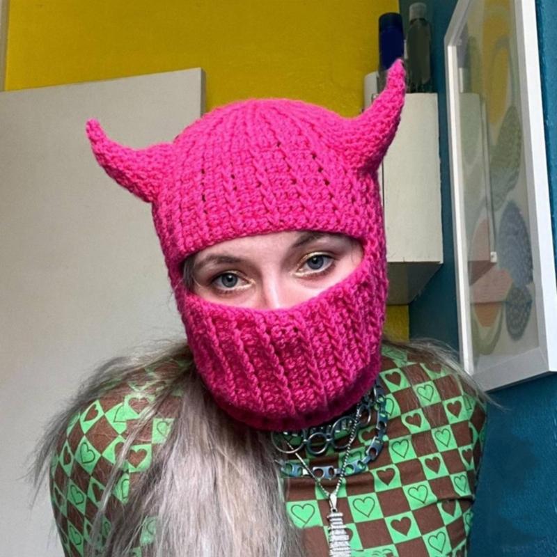 Novelty Devil Horn Face Cover Hat Knit Balaclava Cap for Women Men Winter Warm Hat Adult Halloween Costume Role Play Cap