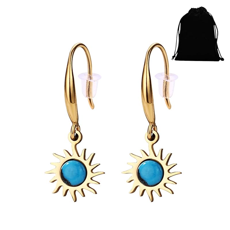 

Zoomers earrings ladies sun motif turquoise blue gold hook antique cute simple small celebration present gift birthday