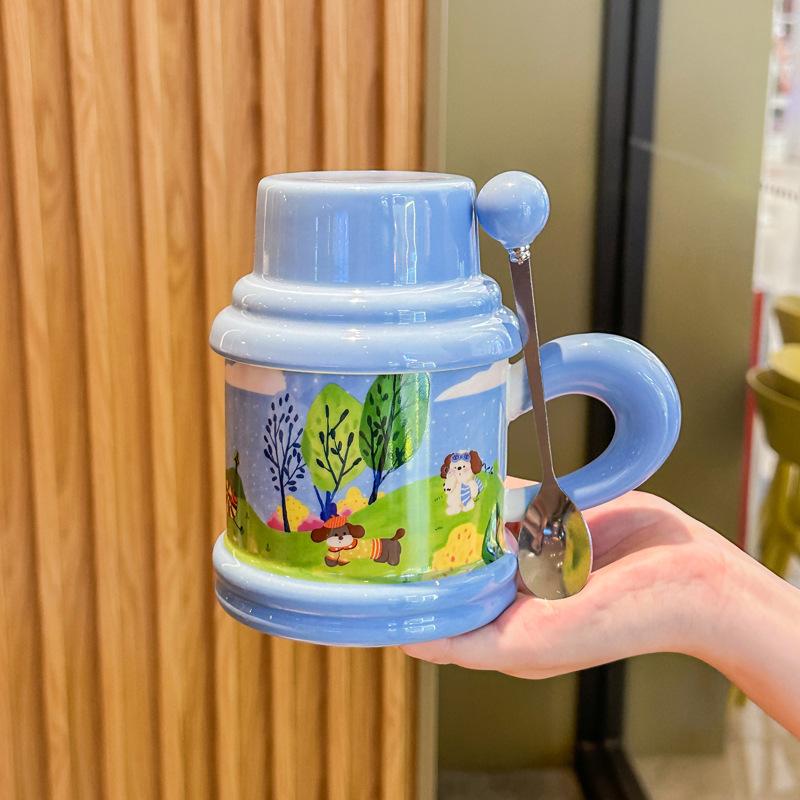 Cute Fairy Tale Puppy Water Cup Couple High Value Ceramic Mug with Lid Spoon Birthday Graduation Gift for Boys and Girls