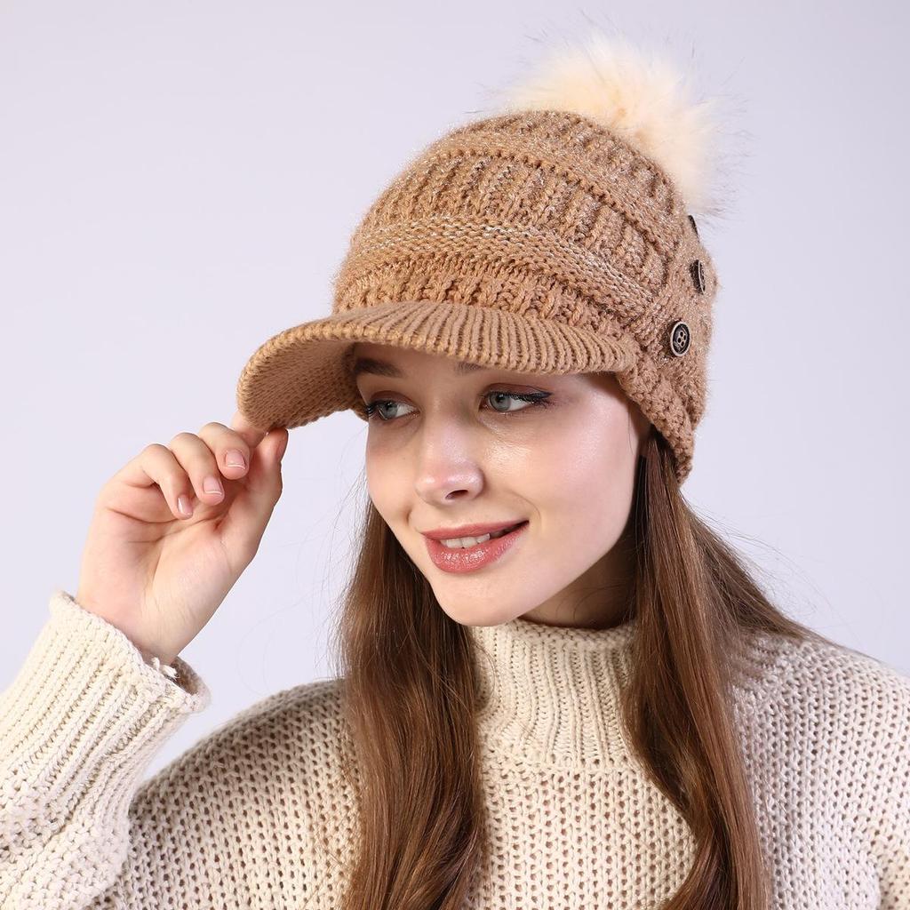 Autumn Winter Women Button Plush Thickened Warm Duck Tongue Big Wool Ball Knitted Wool Hat