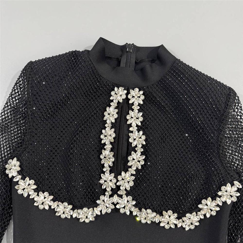 European Luxury Mesh Diamond Patchwork Bandage Evening Gown