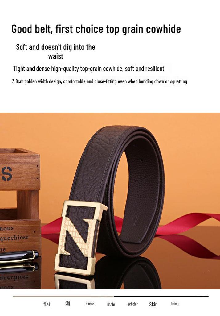 Men's Z Letter Business Casual Buffalo Leather Belt with Stainless Steel Buckle