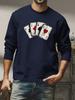 Men's Loose and Comfortable Casual Sports Poker Card Pattern Printed Round Neck Long Sleeved T-shirt Top