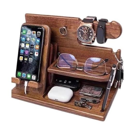 Wooden Smartphone Stand for Men Gift Desk Organizer Watch Accessories Storage Father's Day Birthday Gift