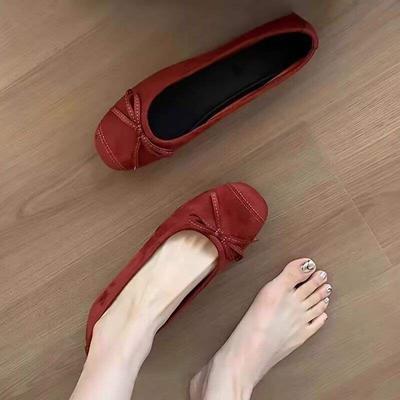 Red Single Shoes Women's Shallow Soft Leather Ballet Shoes Ladyshoes Flat French Small Red Shoes Doudou Shoes Grandma Shoes Wedding Shoes