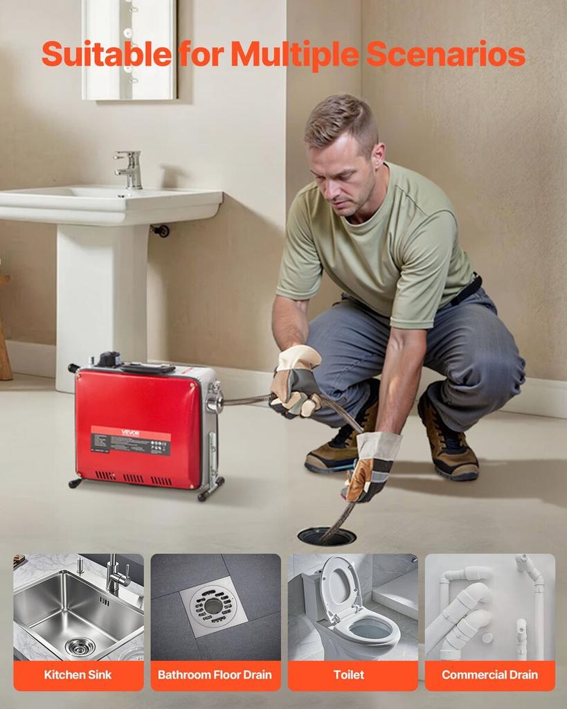 Maszyna do czyszczenia odpływów, 500W 1400 obr./min Elektryczna Maszyna do Czyszczenia Rur Odpływowych Wąż Kanalizacyjny z 20m x 16mm, 5m x 9.5mm i 0.4m x 16mm Stalowym Kablem Sprężynowym i