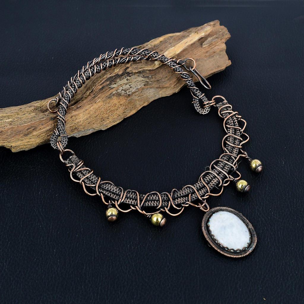 Rainbow Moonstone Necklace Gemstone Jewelry, 999 Copper Wire Wrapped Necklace, Adjustable Handmade Beautiful Jewelry Chain Necklace