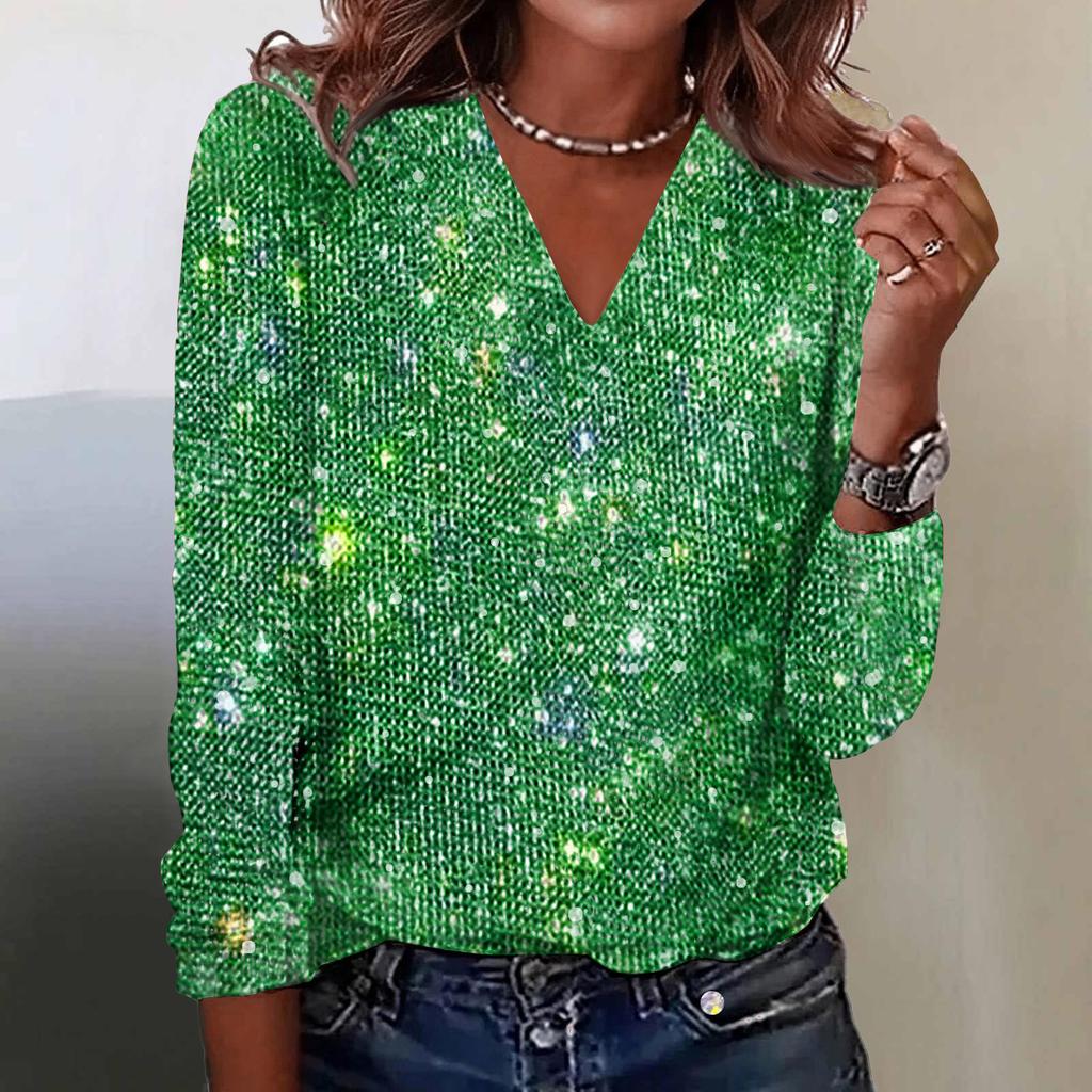 Women's Printed V-neck Long Sleeved T-shirt Pullover Top
