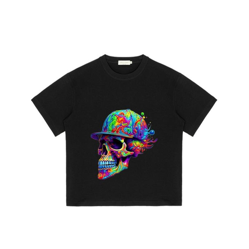 Farbenfroher Schädel mit Hut Grafik T-Shirt Schwarz Psychedelisches Kunstdesign für Freizeitkleidung Streetwear Fashion Statement Herren Damen Unisex Top