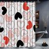 Red And Black Heart-Patterned Shower Curtain, Polyester Fabric, Machine Washable, With Hooks, Suitable For Bathroom Decoration.