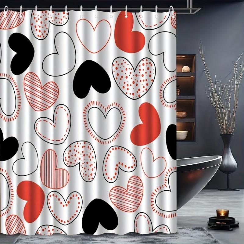 Red And Black Heart-Patterned Shower Curtain, Polyester Fabric, Machine Washable, With Hooks, Suitable For Bathroom Decoration.