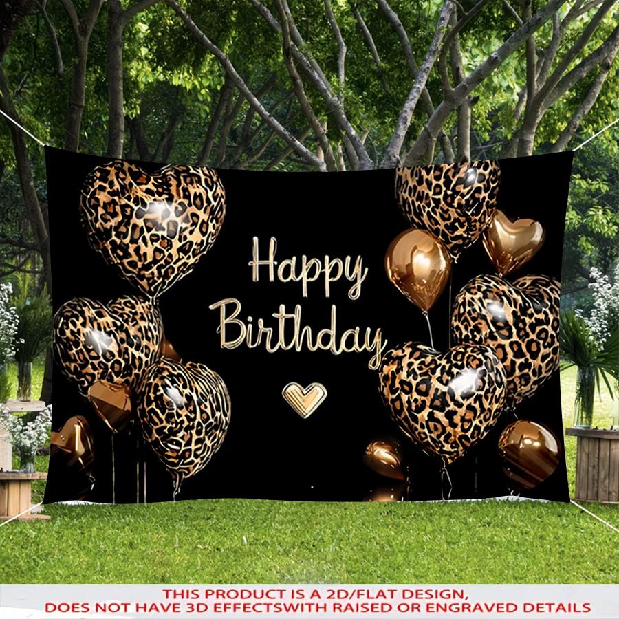A 2D flat leopard print heart-shaped birthday banner made of polyester material with a patternzyc