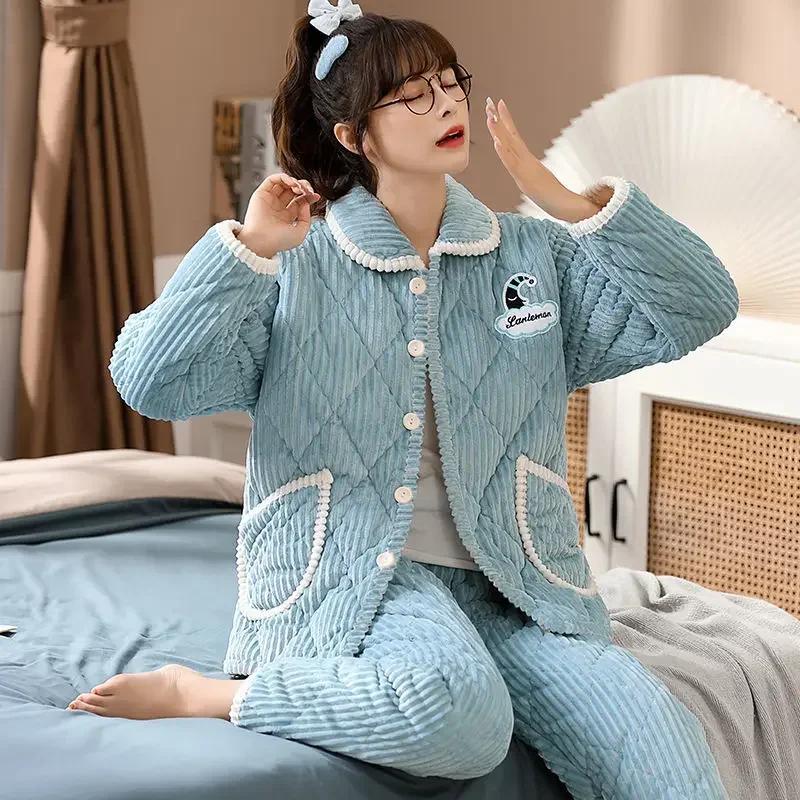 Sleepwear Women Winter Home Sleep Clothes Three Layer Thick Cotton Nightgown Flannel Coral Fleece Warm Coat Large Homewear Set