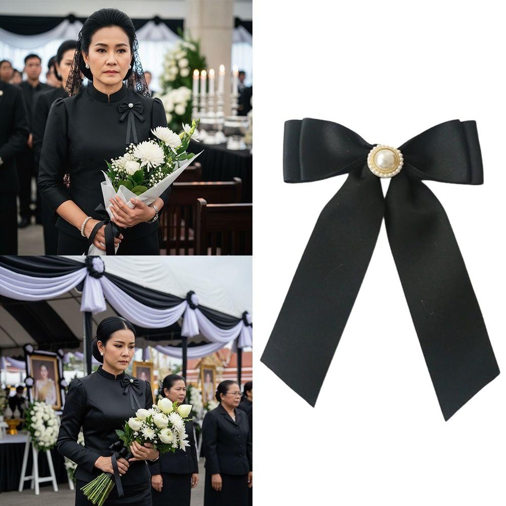 Black Satin Bowknot Brooches Pearl Badge Pin Elegant Clothes Accessories For Funerals and Mourning