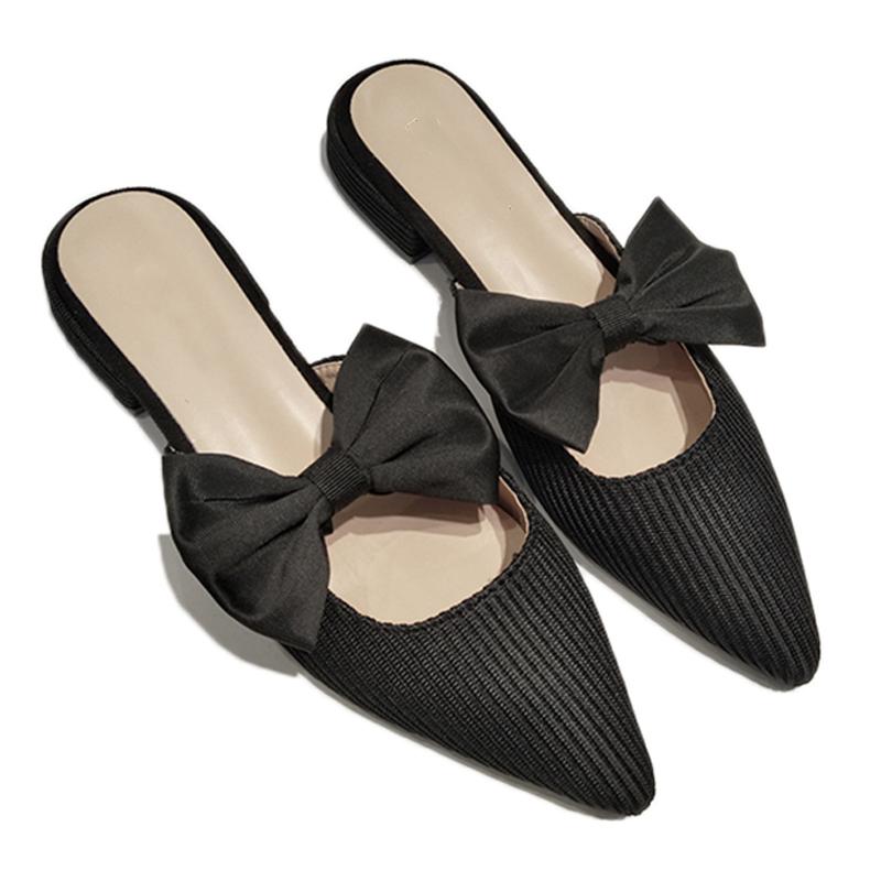 New Butterfly -Knot Pointed Toe Mules Shoes Stretch Knitted Slippers Women Mesh Slides Fashion Slip On Shallow Flats Spring