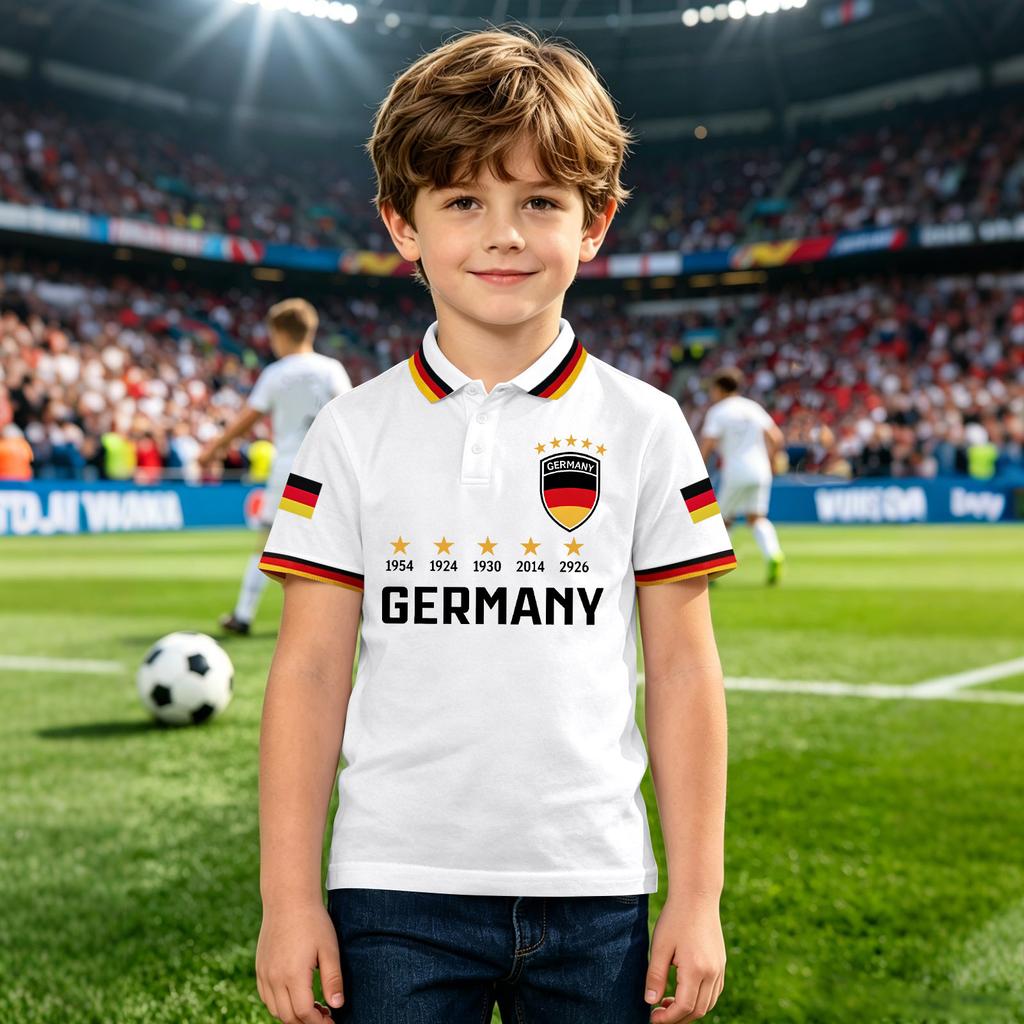 Kids Polo Shirt with Printed National Emblem and Championship Years Design Short Sleeve Button Collar Casual Top for Boys