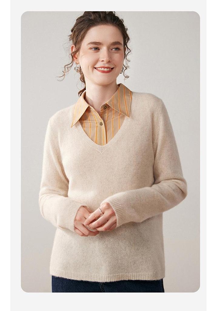 Autumn/Winter Cashmere Knit Base Layer Shirt - Soft, Comfortable, Versatile, and Slimming Loose Fit.