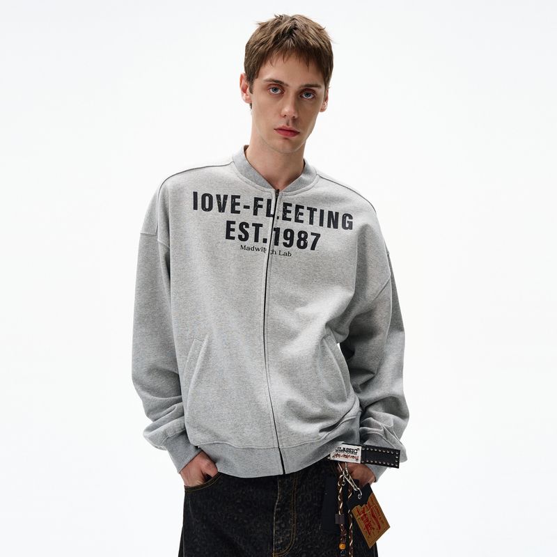 

Madwitch Original American Slogan Zipper Cardigan Sweatshirt for Men and Women, Retro Washed and Distressed Casual Long-Sleeved Jacket Gray XL