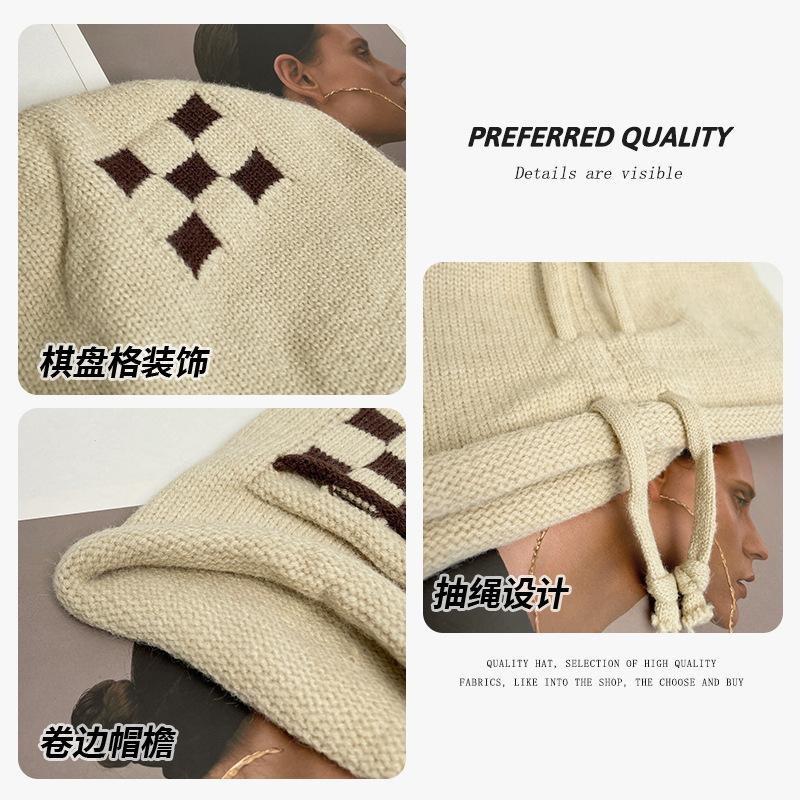 Knitted drawstring stacking hat Children's spring and autumn crimping warm ear protection nightcap big head circumference checkerboard wool hat