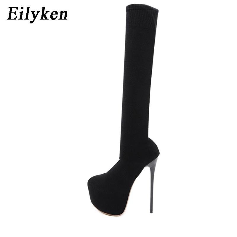 Fashion Eilyken 17CM Platform Heels Woman Over Knee Winter Boot Womens Black Knitting Round Toe Thigh High Long Socks  Lady Shoes