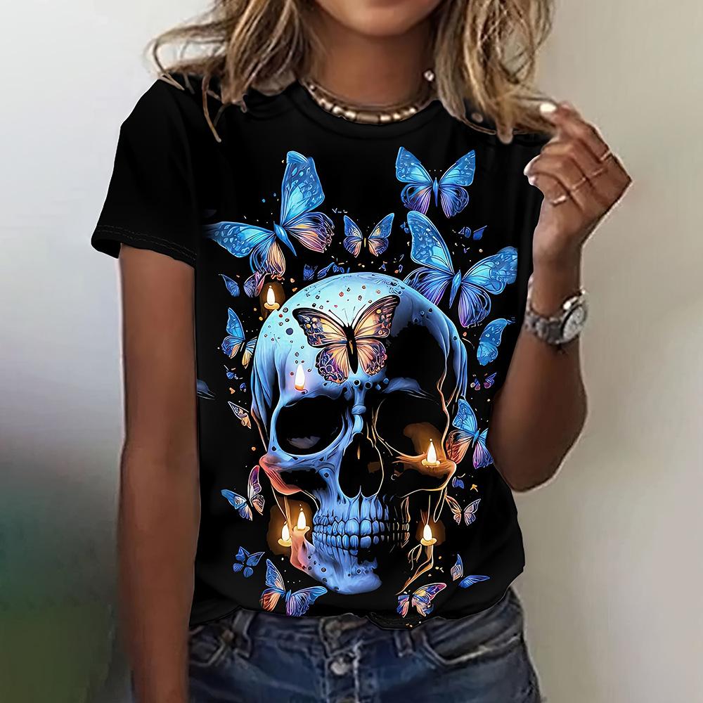 Ladies' Fashion 3D Printed T-shirt Beautiful Skeleton Series Round Neck Women's Top