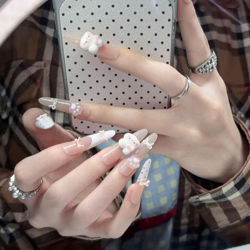 Transparent Nude Polka Dot Nail Stickers: 3D Rabbit & Heart Rhinestone Detachable False Nails