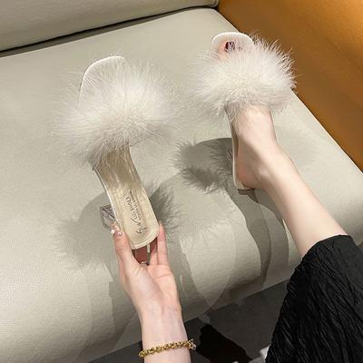 Spice Girl Transparent Heel Cool Slippers One-word Drag Royal Sister Style Thick Heel High Heels Fluffy Slippers Female Summer