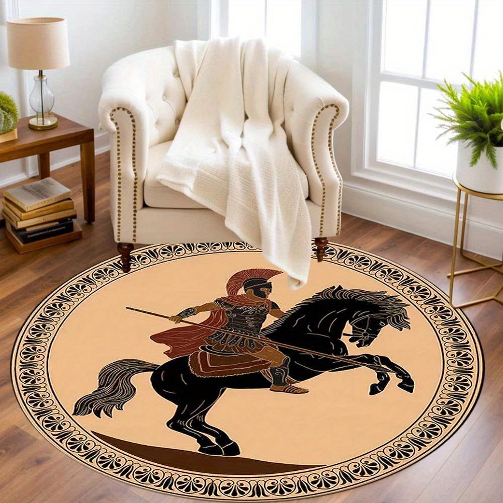 1 Piece Ancient Greek Warrior Round Rug Suitable For Living Room Bedroom And Kitchen Home Decoration Room Decoration Gift For Friends And Family