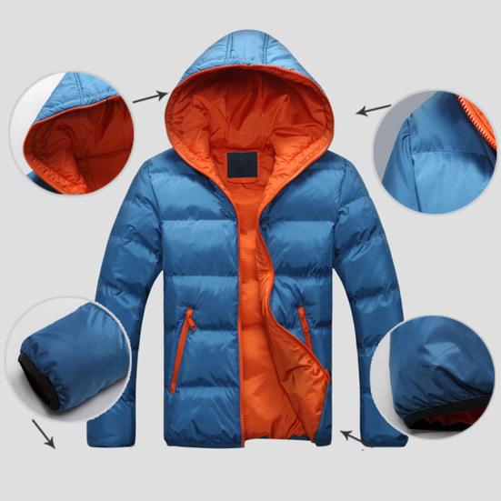 Men Color Block Zipper Hooded Cotton Padded Coat Slim Fit Thicken Outwear Jacket