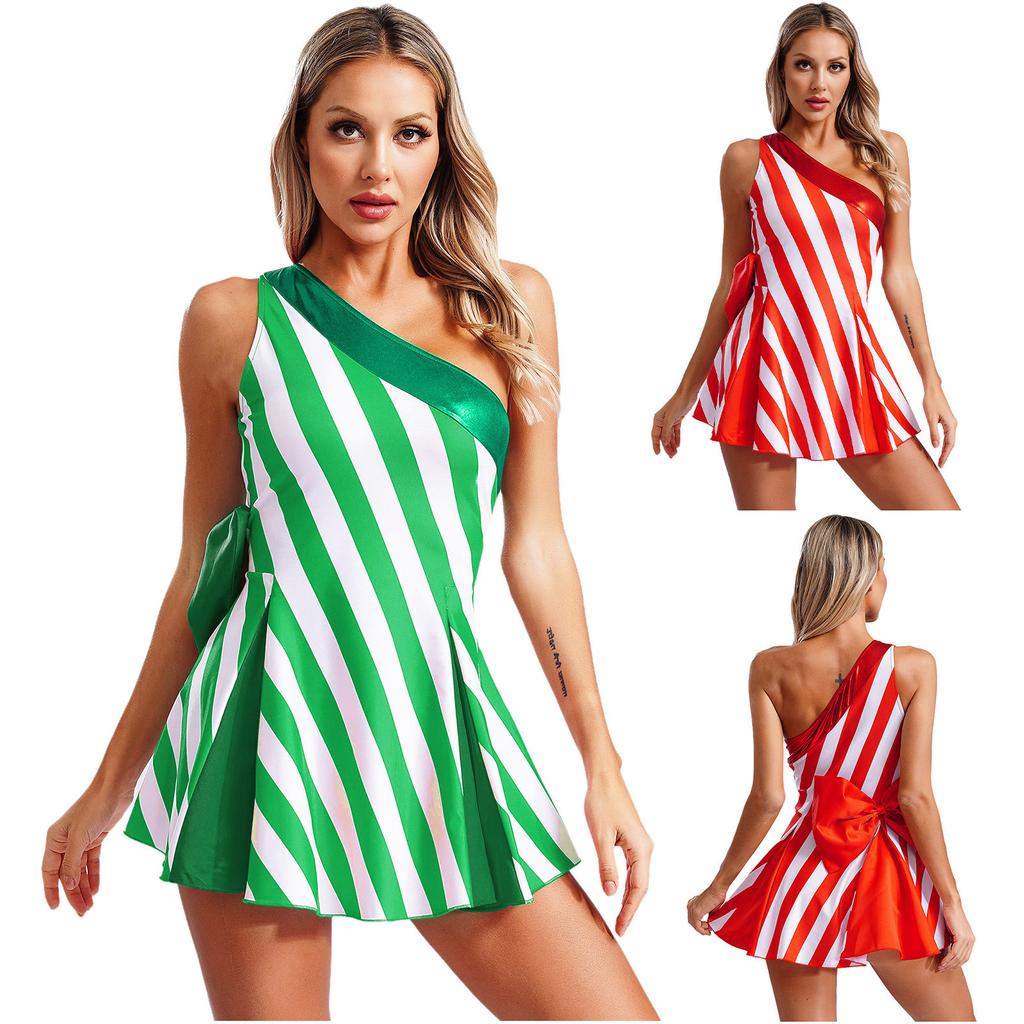 Womens Christmas Party Dress Single Shoulder Sleeveless High Waist A Line Design Bow Knot Stripes Holiday Festival Costume