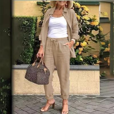 Women's Suit Fashion Casual Solid Color Long Sleeve Shirts Fashion Pants Suit Plus Size