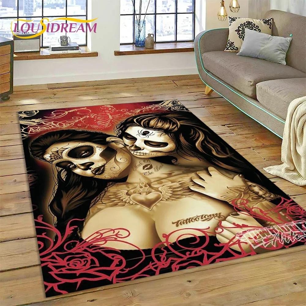 Skull Dead Girl Gothic Horror Female Rose Carpet Rug for Bedroom Living Room Home Sofa Decoration,Kid Game Large Decor Floor Mat