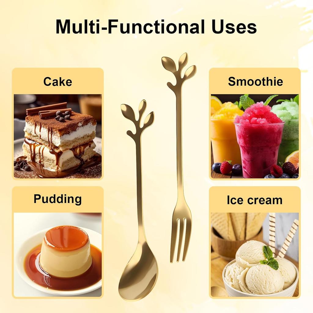 20 Pcs Gold Leaf Coffee Spoons and Forks Set, 4.7" Elegant Stainless Steel Mini Dessert Spoons and Forks for Stirring Mixing Tea, Espresso, Ice