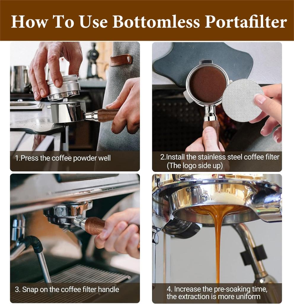 Bottomless Stainless Steel Coffee Handle W/ Wood Grip for Breville 9 Set + Multifunctional Extraction Mirror, Barista Parts - YJKJ-yg126