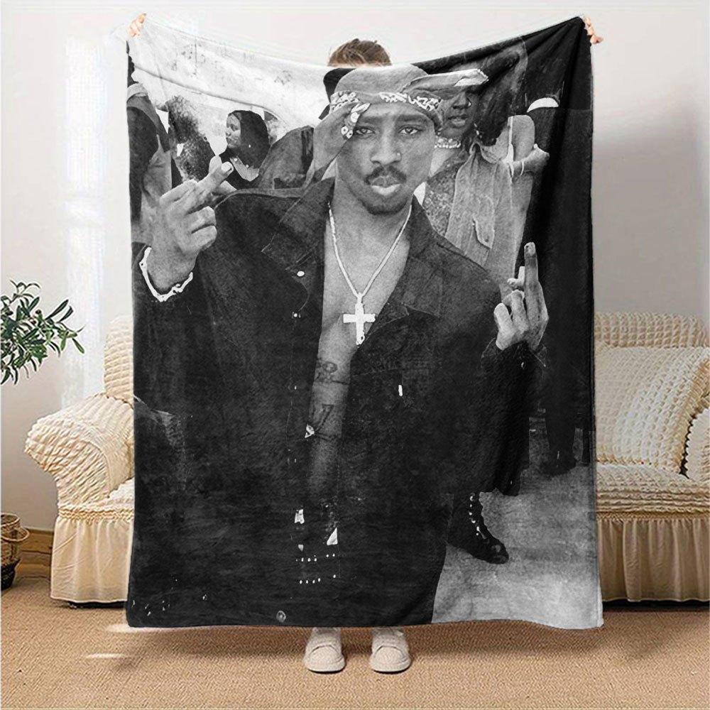 1pc 2PacHip Hop Blanket Soft Lightweight All Season Multi Purpose Throw for Sofa, Bed, Office & Picnics, French Style with Iconic Album Art & Quotes
