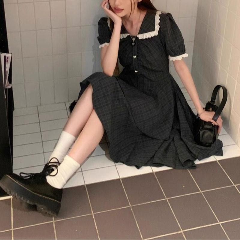 Coffee Break French Doll Collar Plaid Dress Women Summer Irregular Sweet Spicy Waist-tightening Tailing Cake Skirt