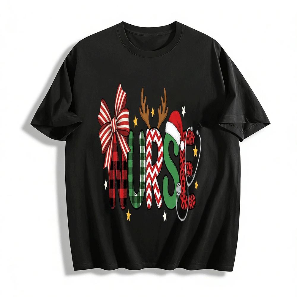 Christmas Themed Nurse Print Casual Top Pure cotton T-shirt XXS