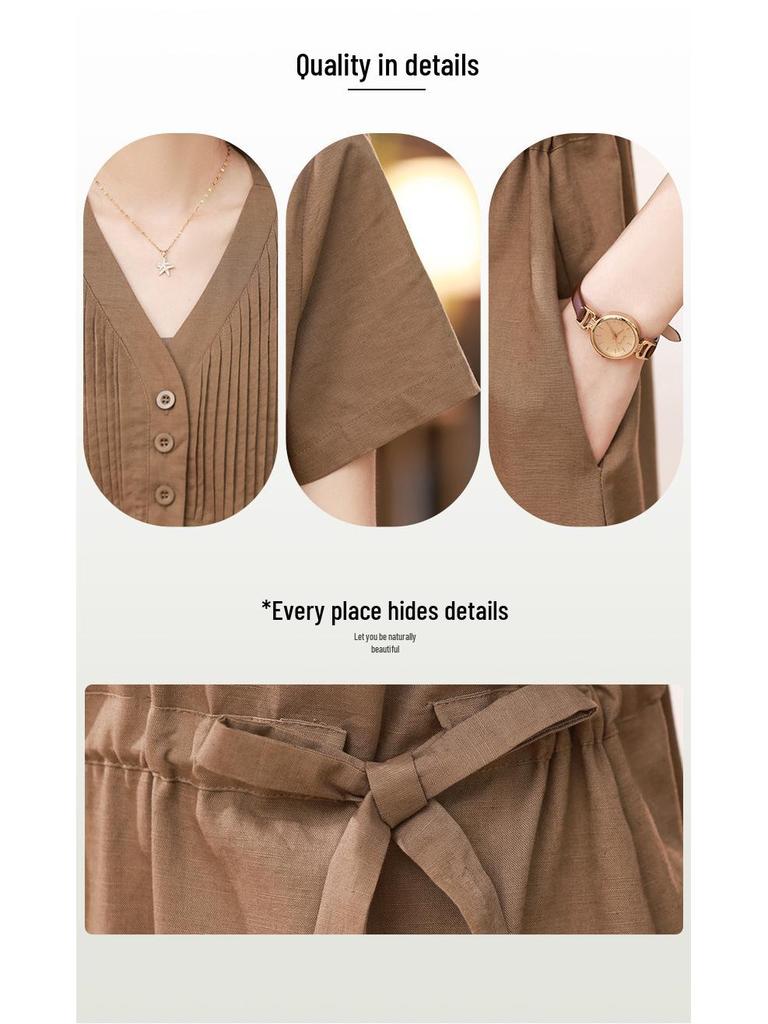 2025 Summer Mid-length V-neck Slimming Cotton Linen Dress for Middle-aged Women