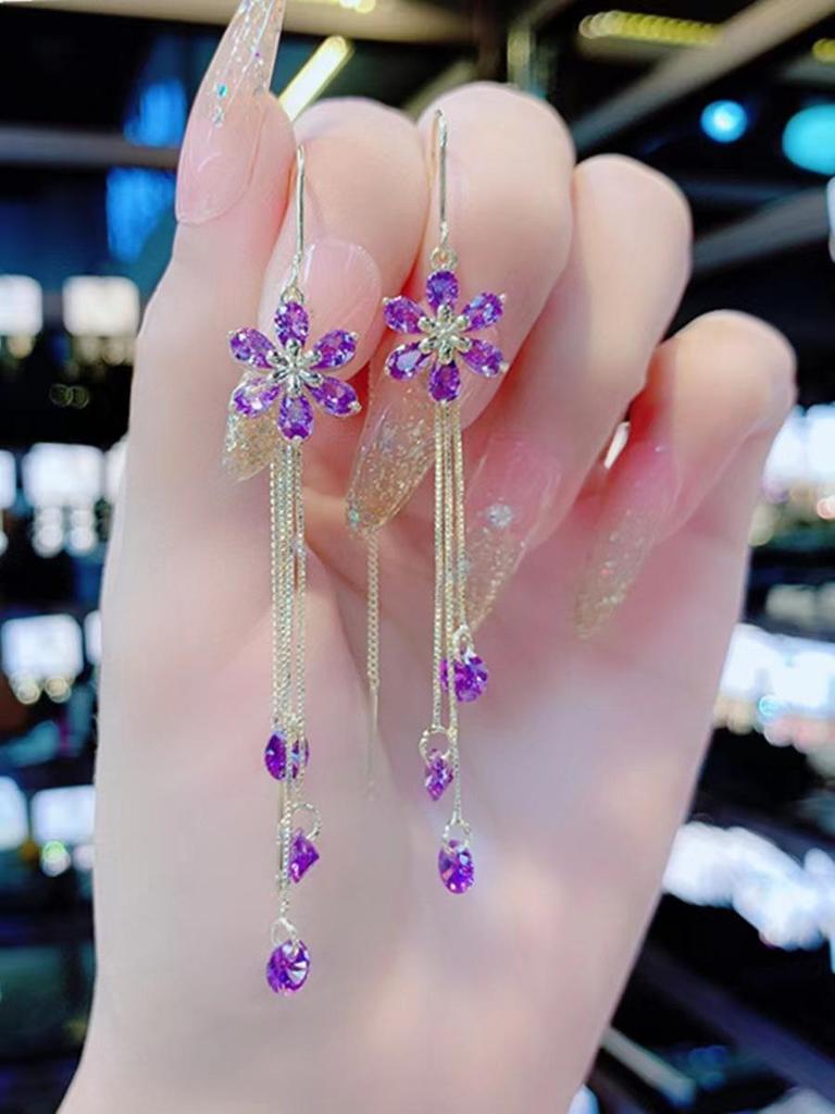 White Zircon Flower Tassel Earrings - Five-Petal Dangle with Anti-Loss Design
