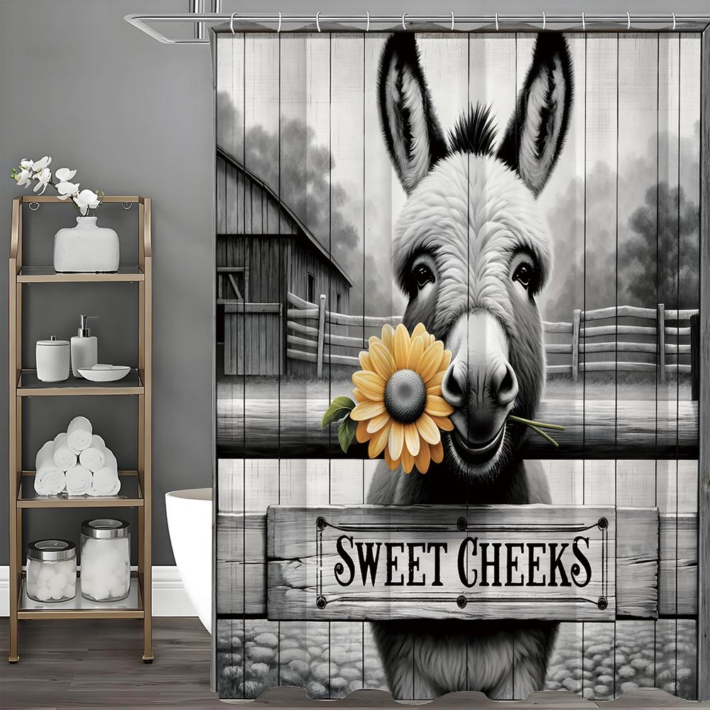 Farm Donkey Yellow Flower Shower Curtain, Bathroom Decorative Shower Curtain, Waterproof Shower Curtain with Hooks