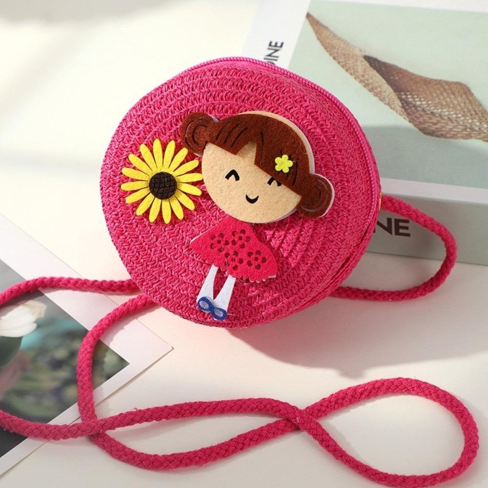 Creative Handmade Woven Straw Shoulder Bags Cute Lightweight Crossbody Bag Flower Beach Bag for Children