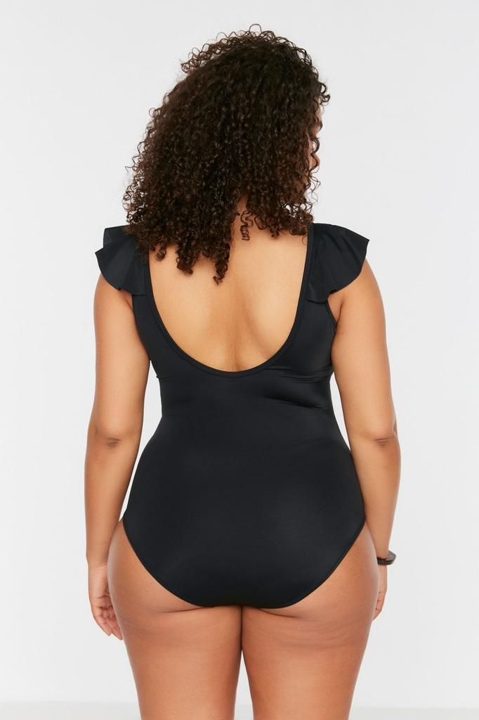Women's Style Plus Size Swimsuit Black Deep V-Neck Flounced Throw Covered Swimsuit