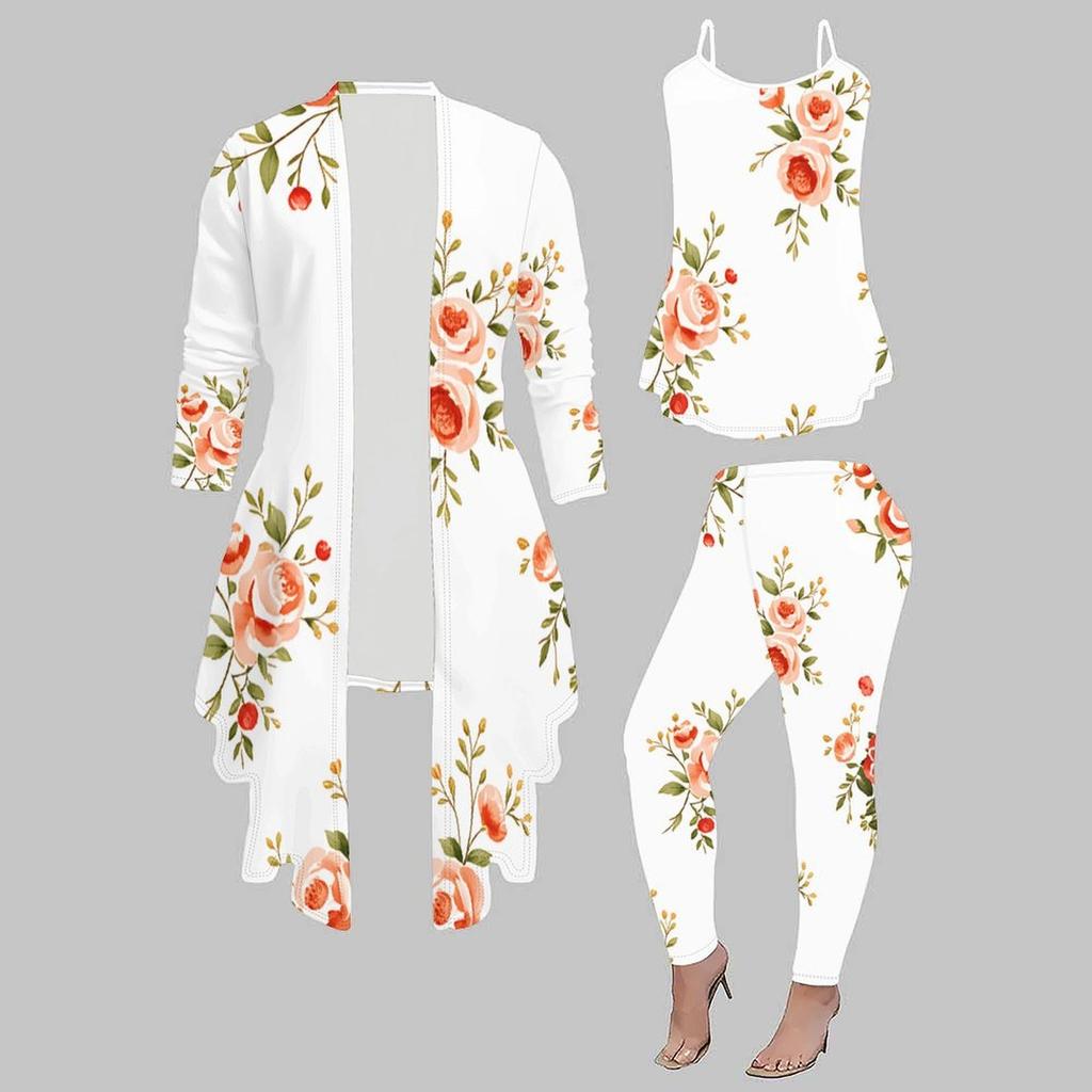 Plus Size Floral Print 3 Piece Outfit, Long Sleeve Open Front Cardigan Cami Top Leggings Set for Women