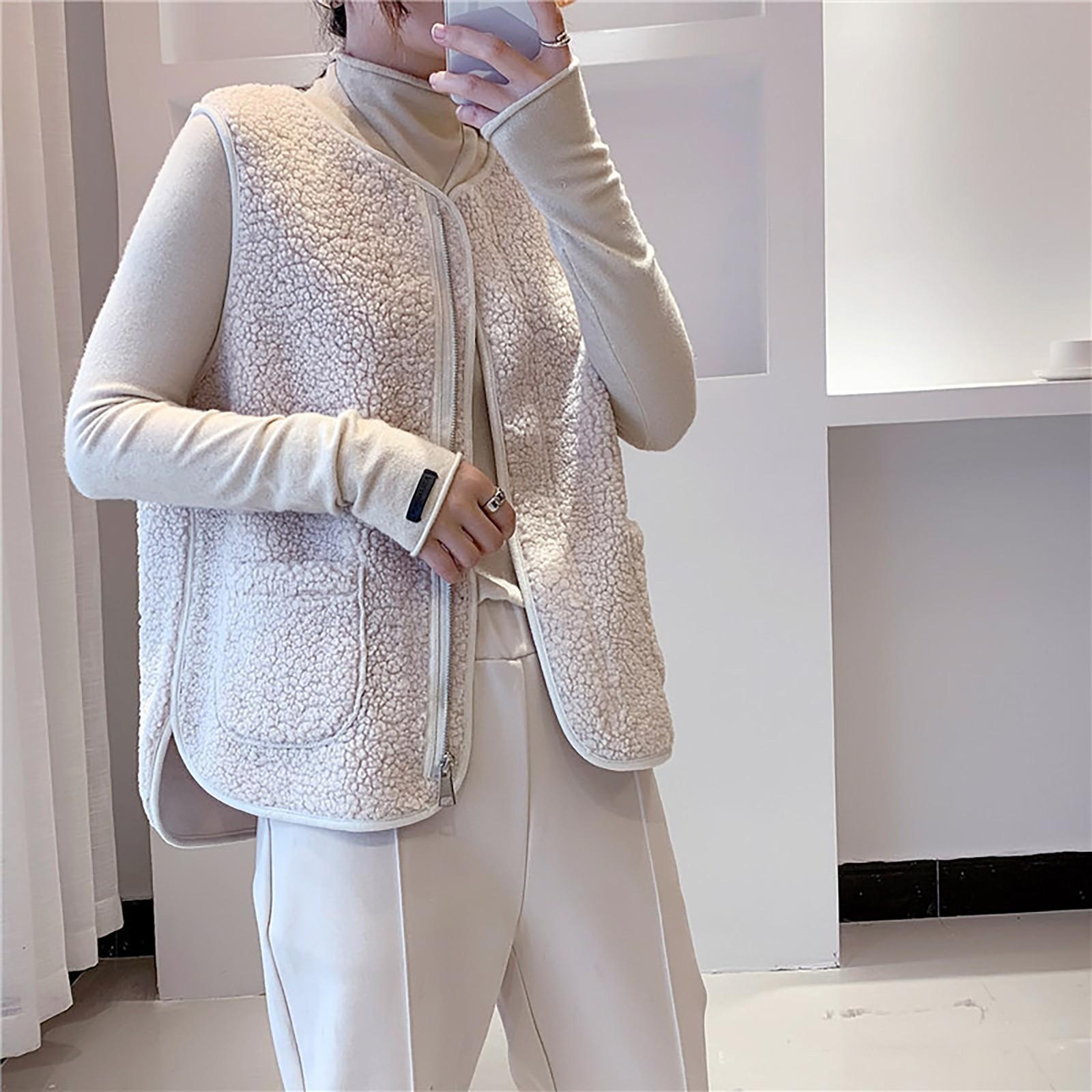 

Женский жилет, зимняя теплая верхняя одежда с капюшоном, повседневное пальто, куртка на молнии из искусственной кожи L бежевый