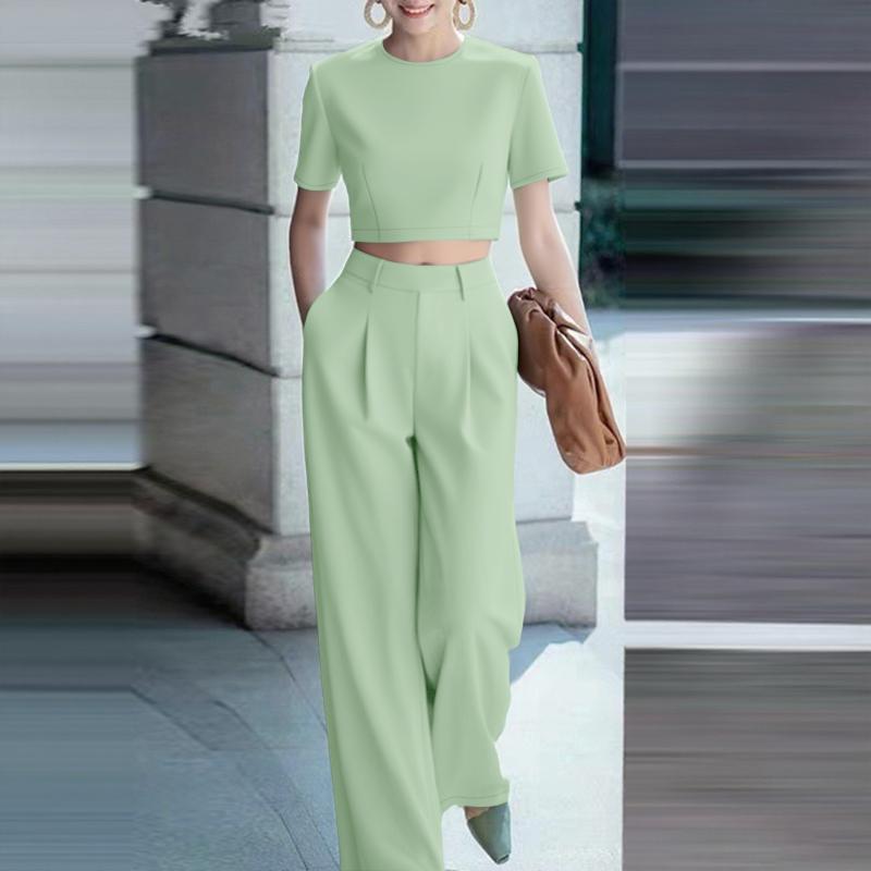 

ZANZEA Женские укороченные топы с коротким рукавом и брюки Летние комплекты из двух предметов S зелёный