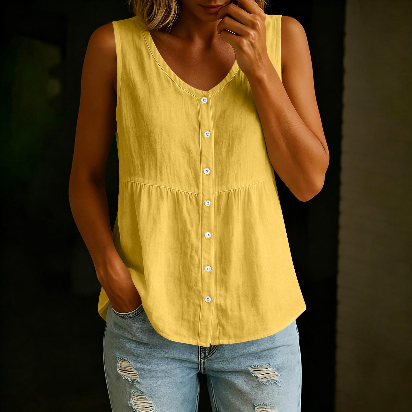 

Women s Fashionable V-neck Button Up Sleeveless Loose Fit Summer Casual Shirt Vest Top XL жовтий