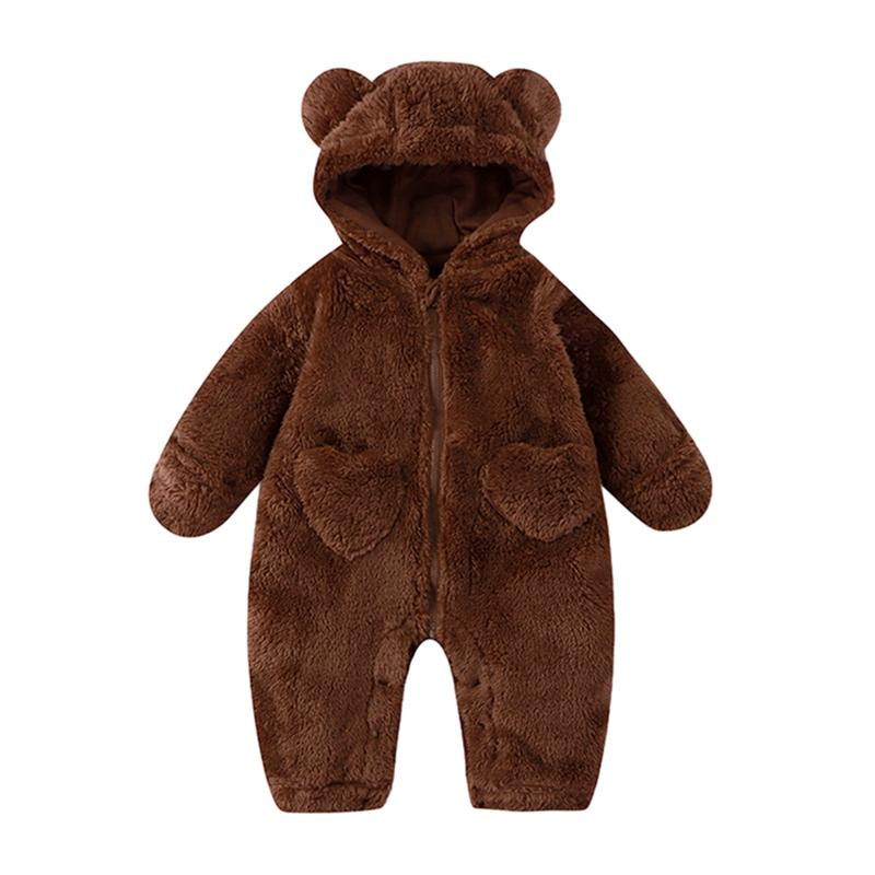 Infant Baby Hooded Romper Plush Jumpsuit