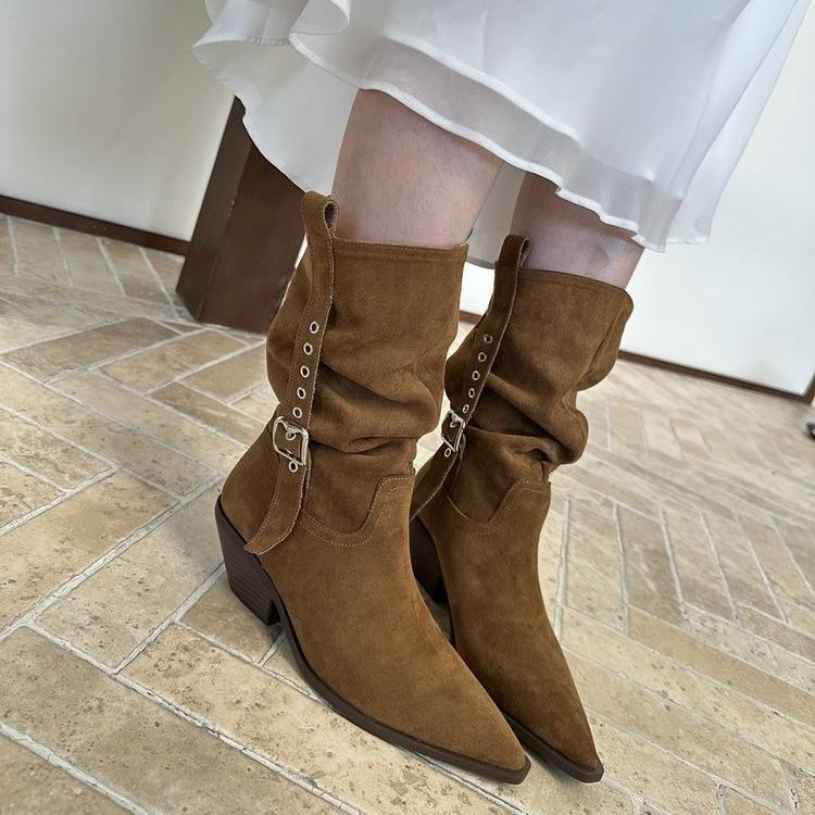 Women's Fashion 2025 Pointed Heel Coarse Heel Versatile Medium Boots Stacking Boots French Western Boots Casual Fashion Boots
