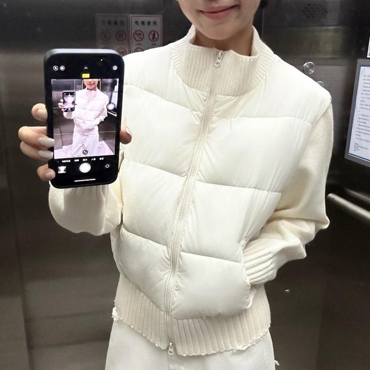Winter new knitted sleeves splicing down jacket women's white duck down high-end slim fashion jacket